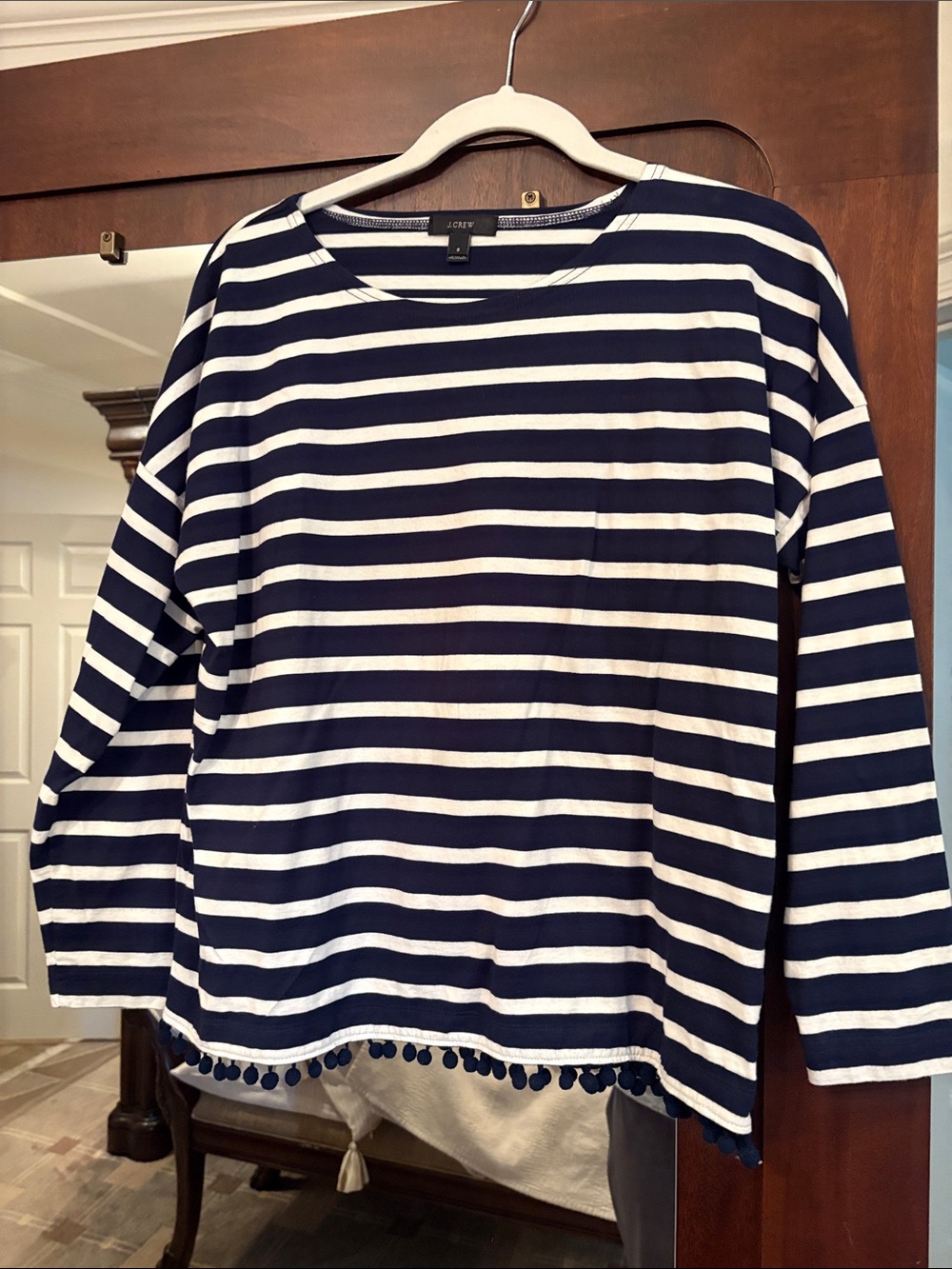 Navy and White Striped Long Sleeve Top with Pom-Pom Hem